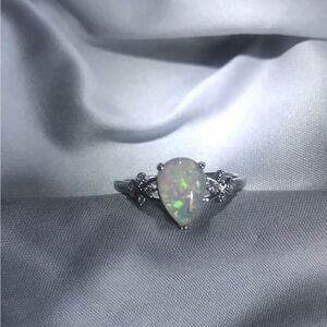 Silver Pear Opal Halo Ring - White Opal